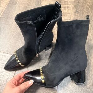 Avira Black Heeled Boots with Gold Studs